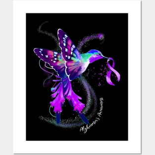 Hummingbird Holding Purple Ribbon Alzheimer's Awareness Posters and Art